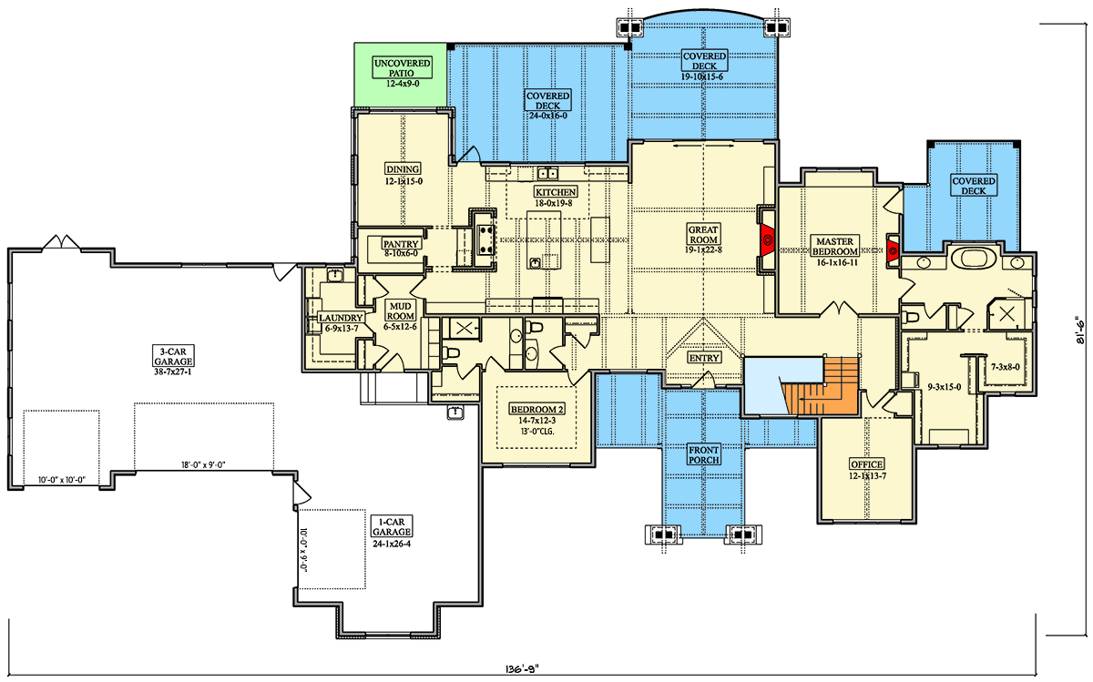 Plan 95252RW: 2 or 4 Bed Mountain House Plan with Home Office - 3246 Sq Ft - Floor Plan - Main Level - Craftsman, Mountain, New American, Rustic