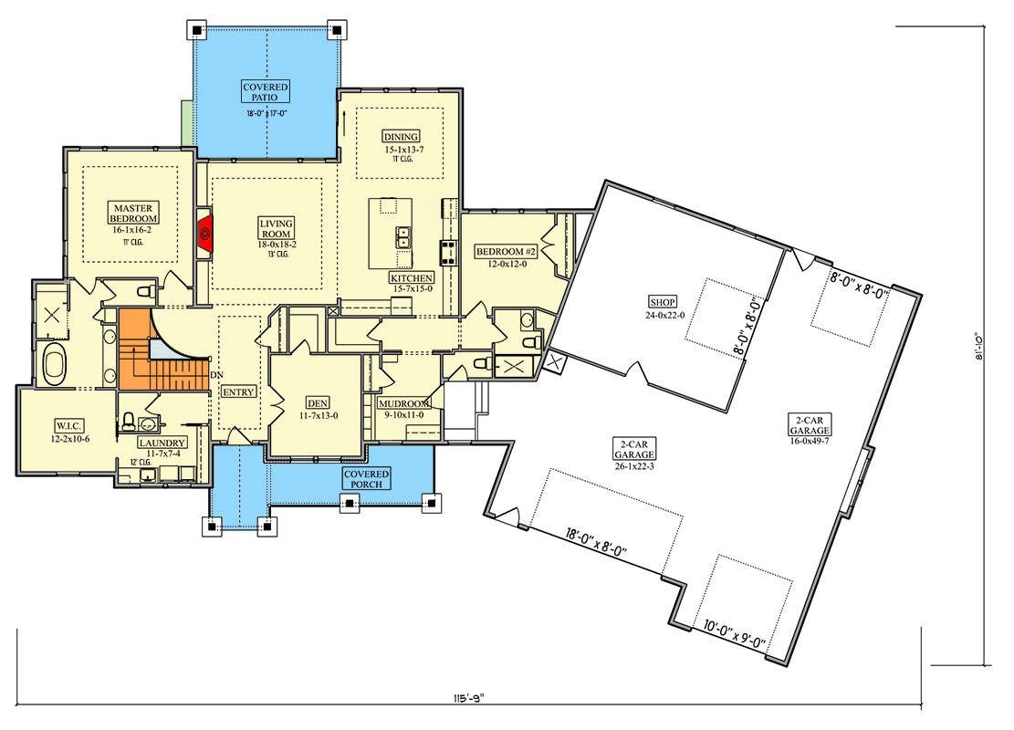 Plan 95253RW: One-Story New American House Plan with Workshop - 2551 Sq Ft - Floor Plan - Main Level - Craftsman, Mountain, New American, Ranch