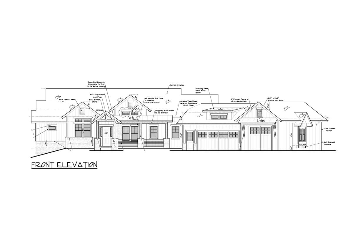 Front elevation house plan drawing showing gables, dormers, covered entry, and a three-car garage.