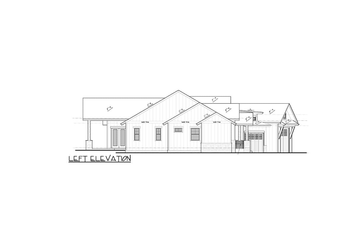 Left elevation house plan drawing of a one-story home with gabled rooflines, covered porch, and attached garage.