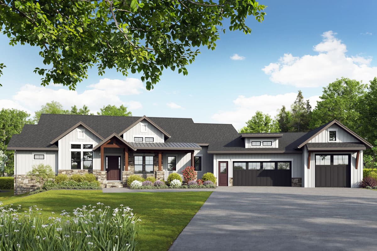 House plan exterior. Modern farmhouse style with gabled roof, covered porch, and attached garage. Includes dormers and stone accents.