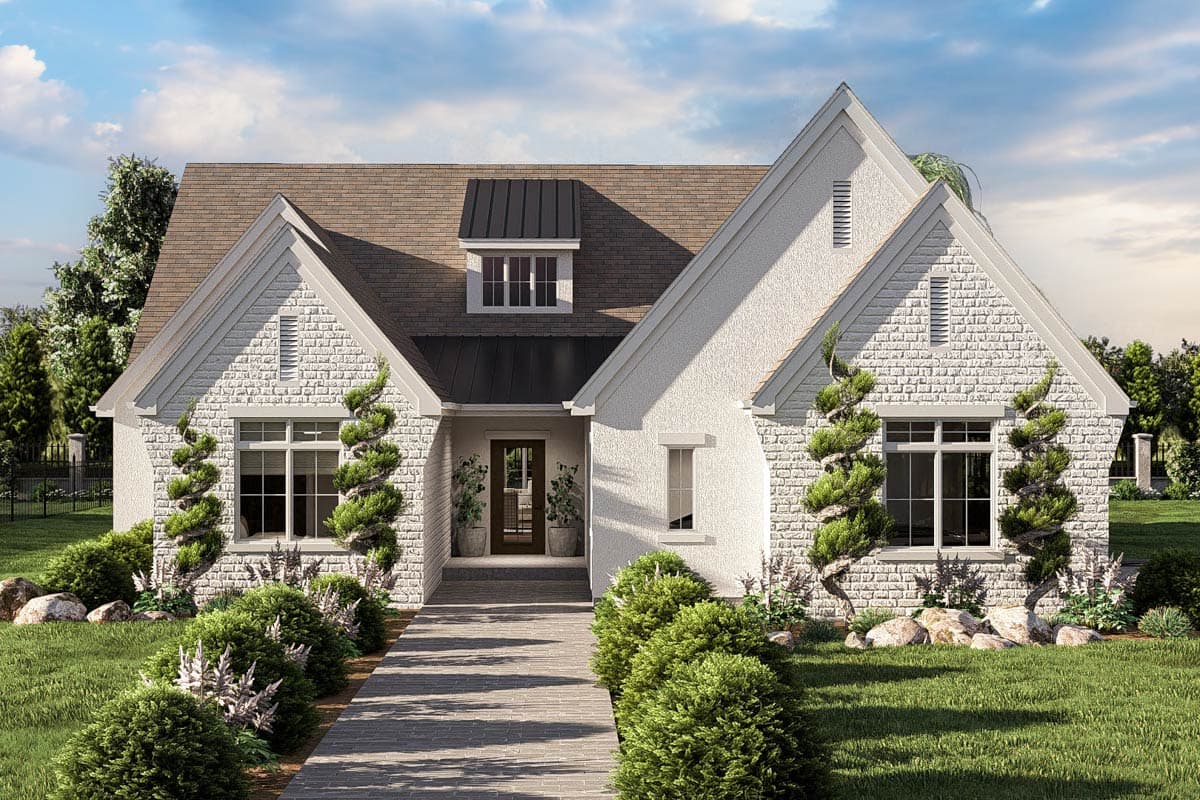 House plan exterior featuring a two-story farmhouse style with a gable roof, dormers, and brick accents. Front entry is centrally located.
