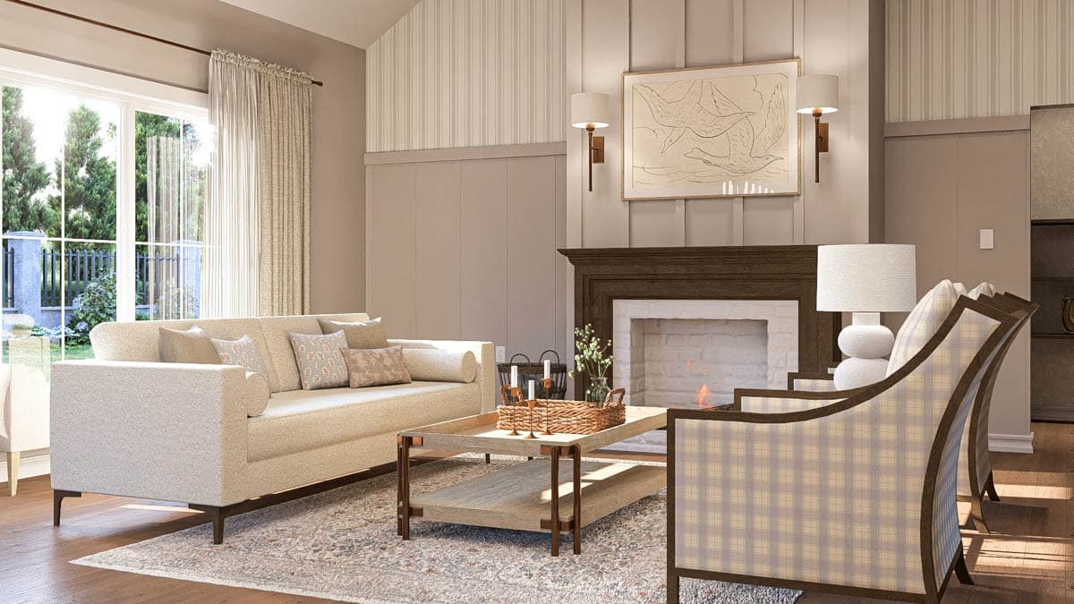 Living room with vaulted ceiling, fireplace with wood mantel, large windows, and a sofa.