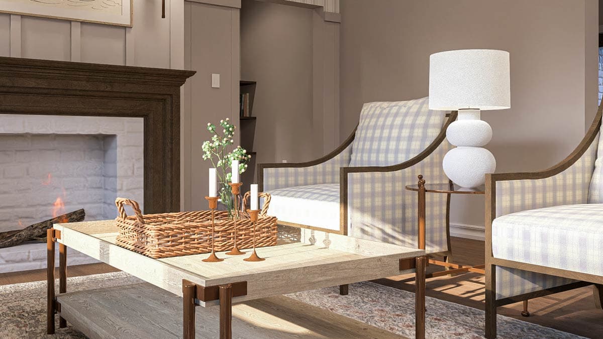 Living room interior with fireplace, plaid upholstered chairs, and a wood coffee table with basket.