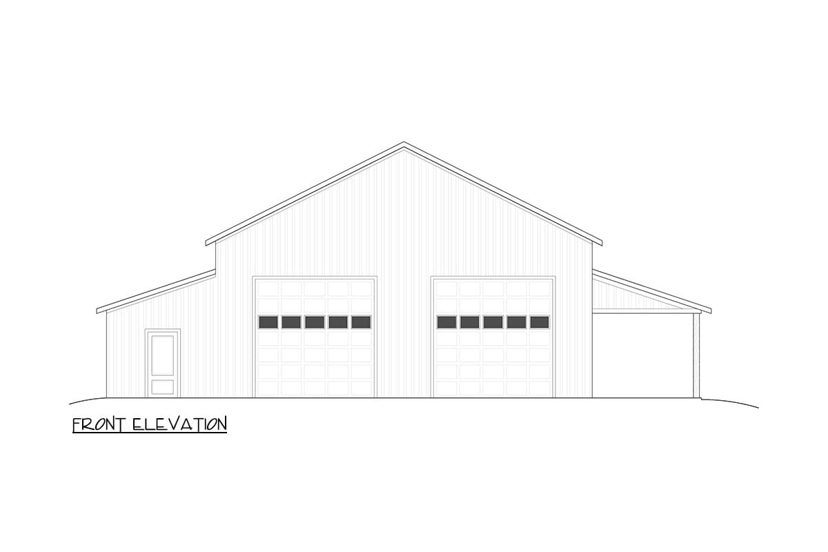 Front elevation of a house plan showing a large gable roof, two garage doors, and an attached covered area.