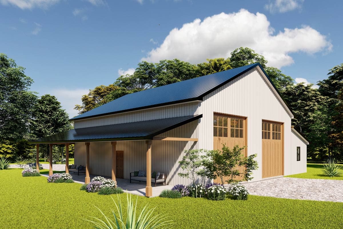 House plan exterior. Two-story barn-style structure with gable roof, covered porch, and two garage doors with carriage style doors.