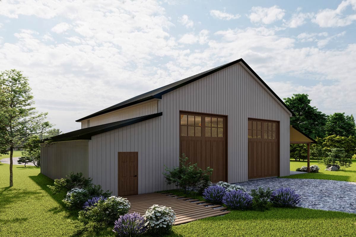 House plan exterior rendering shows a two-story Modern Farmhouse with a gabled roof, two overhead garage doors, and a covered porch.