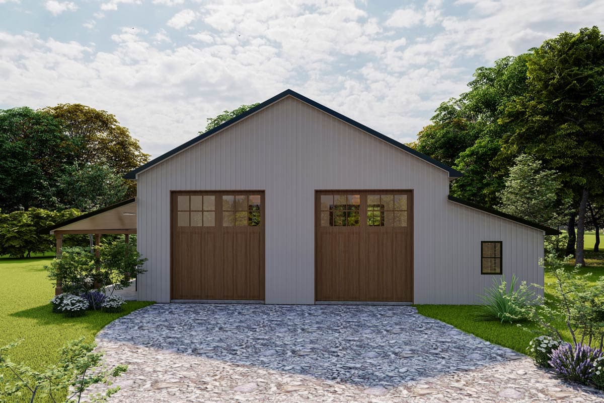 House plan exterior: board-and-batten siding, gable roof, two wood garage doors with windows, and covered side porch.