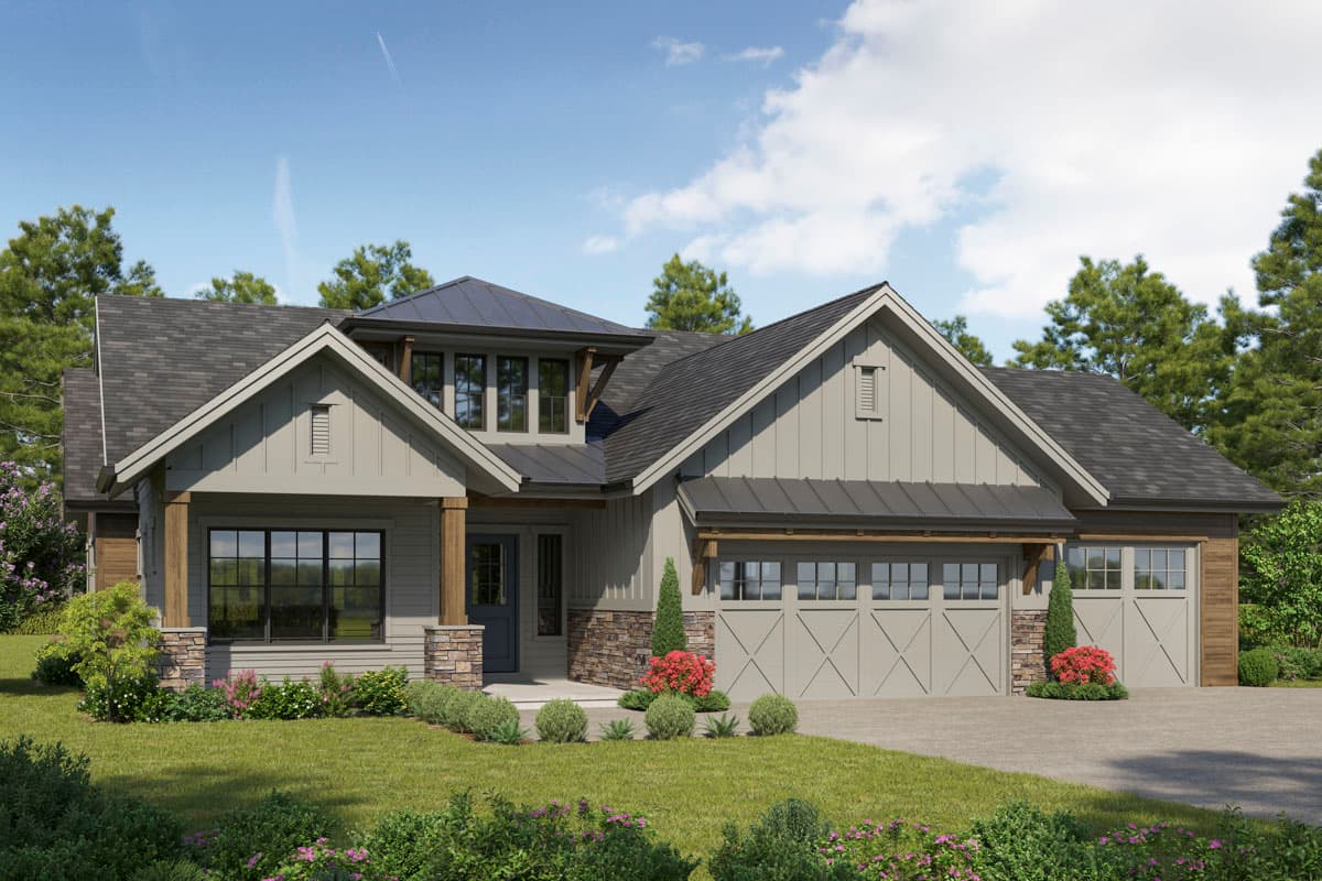 Modern Farmhouse style house plan exterior with a prominent gable, metal roof accents, stone foundation, and a three-car garage.