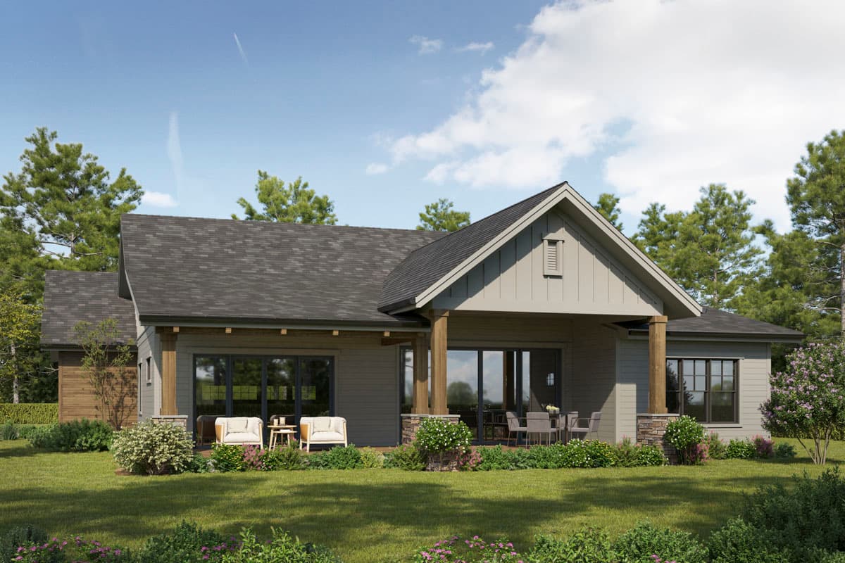 House plan exterior: Modern Farmhouse style, one story, with covered porch, gabled dormer, and stone base columns.