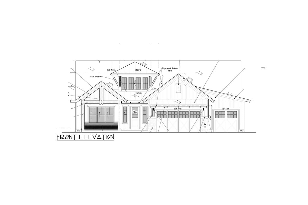 Front elevation drawing of a house plan with gables, dormers, large windows, and a two-car garage.