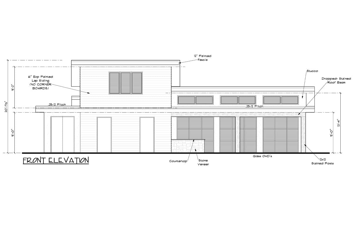 Front elevation drawing with lap siding, stucco, large windows, and stone veneer.