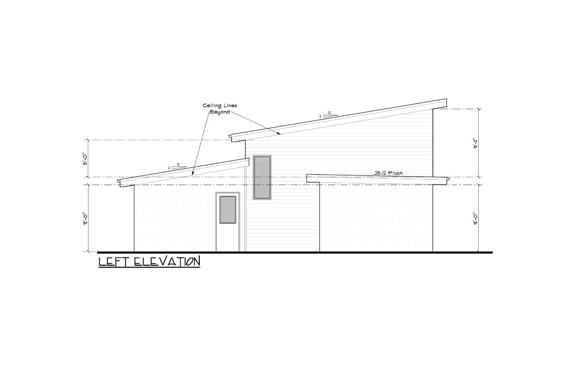 Left elevation drawing of a house plan showing asymmetrical rooflines with a 25:12 pitch and two windows.
