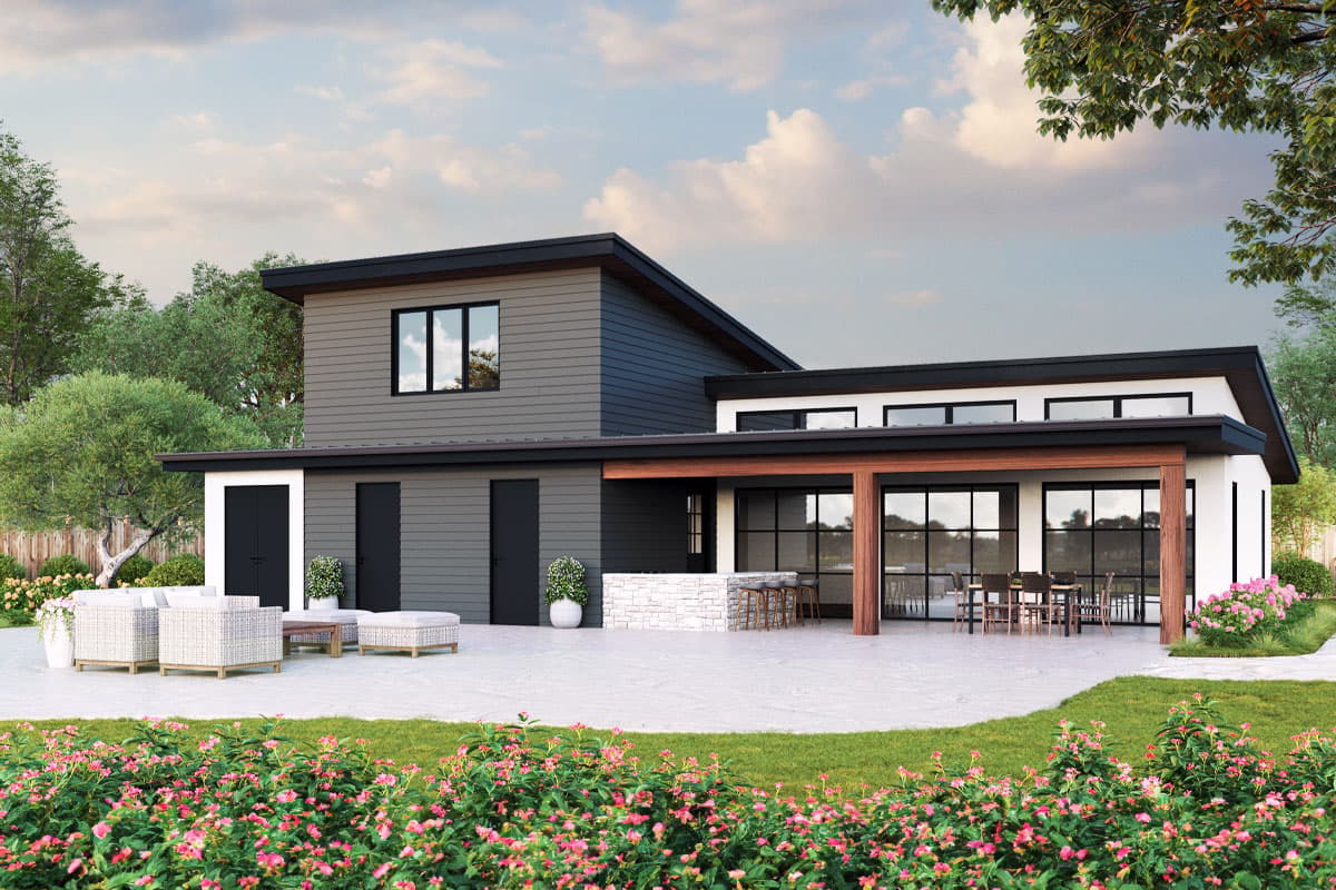 House plan exterior. Modern style with a flat roof, two stories, and covered patio with exposed beams. Features a mix of siding colors.
