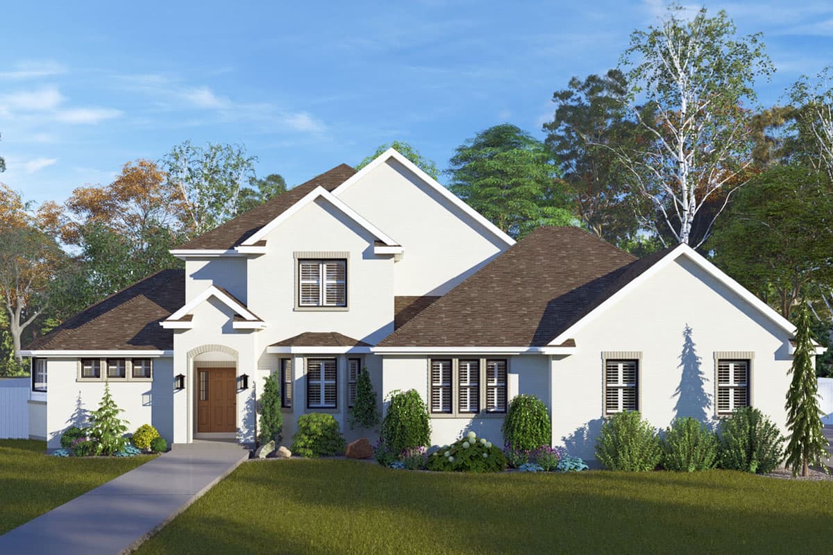 House plan exterior. Two-story home with multiple gables, brick facade, and a covered entry. Features include dark roof and shutter details.