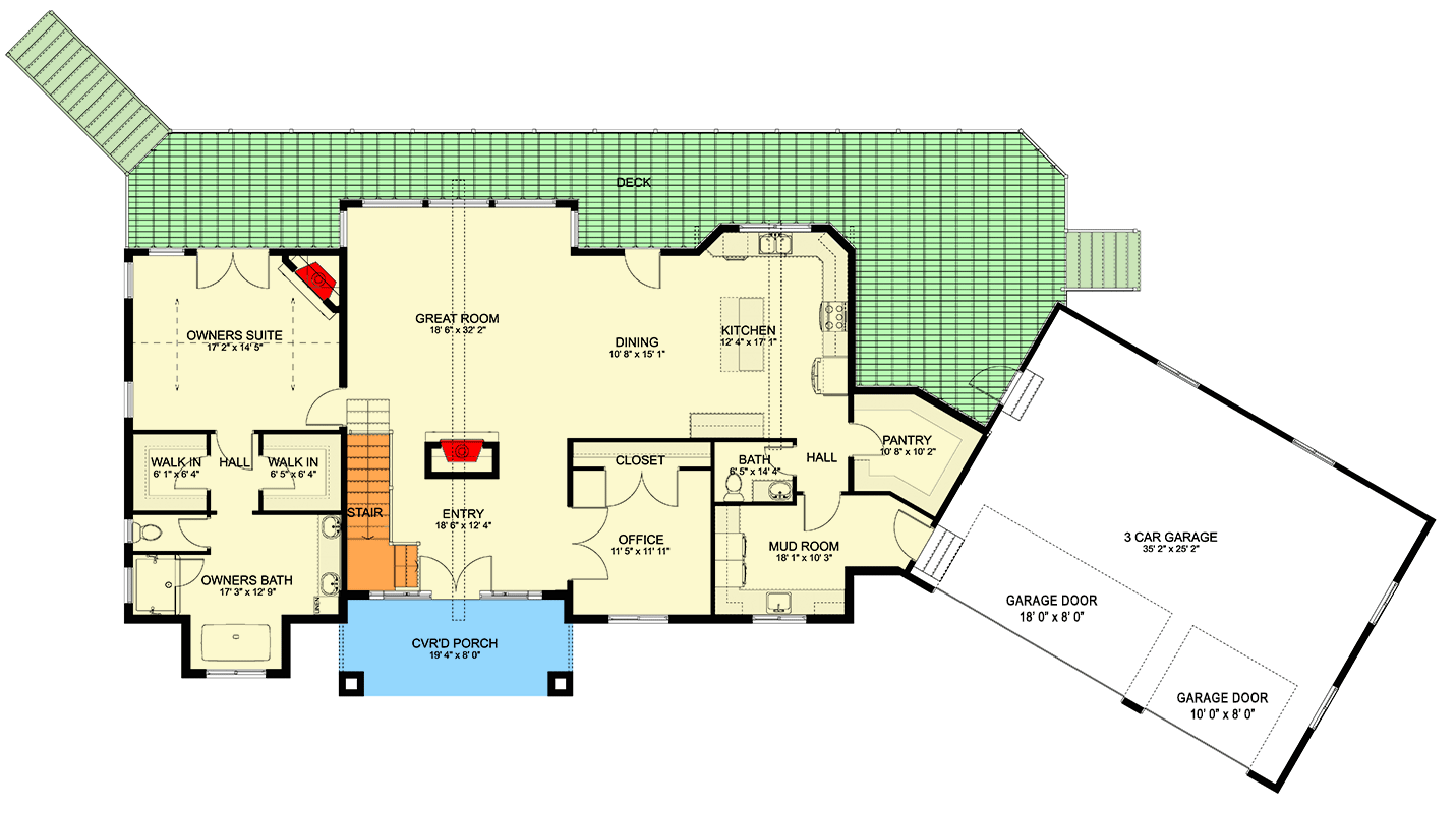 Plan 61530UT: 4-Bed Mountain Craftsman House Plan with Flex Office - 4342 Sq Ft - Floor Plan - Main Level - Craftsman, Mountain, Ranch