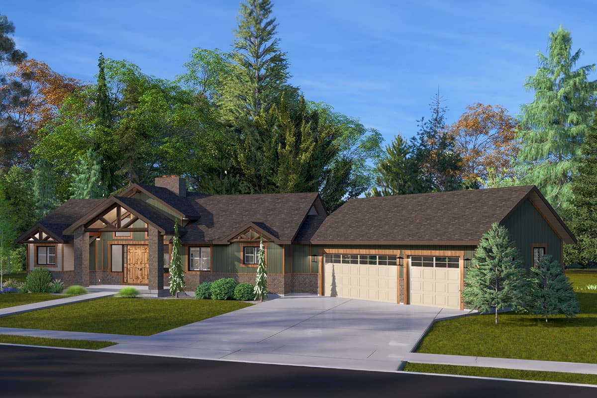 House plan exterior in a mountain modern style with exposed beams, a covered entry, and a side-entry three-car garage.