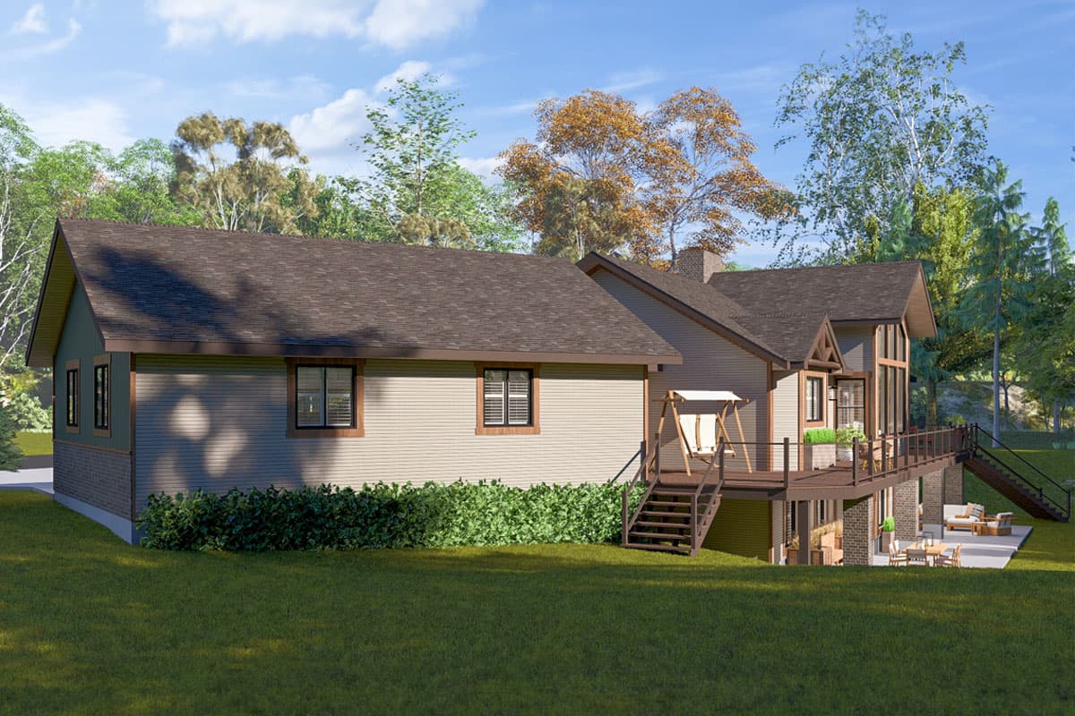 House plan exterior with a gable roof, horizontal siding, deck with stairs, and patio below.