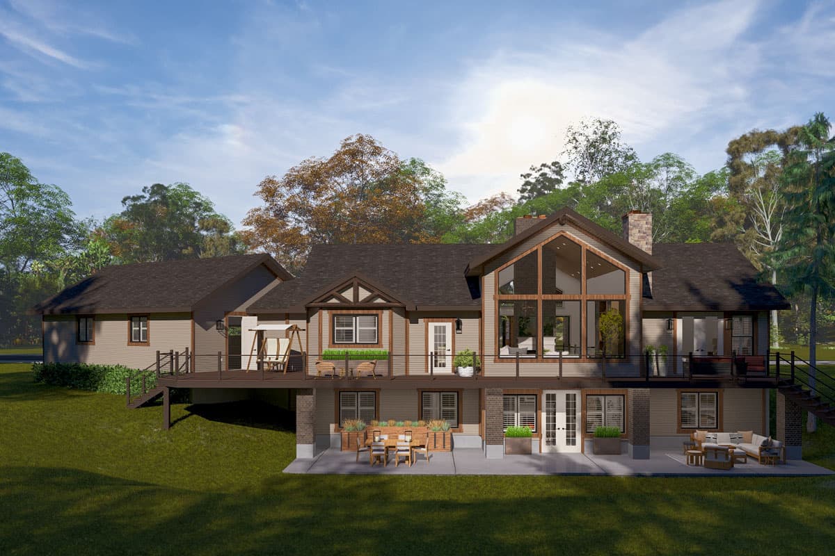 House plan exterior, modern farmhouse style, two stories, features large gables, extensive decking, and a prominent multi-story window.