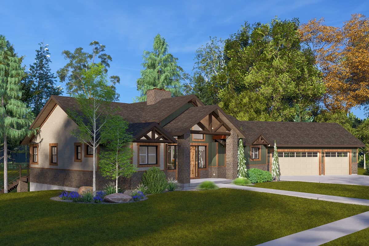 House plan exterior: Single-story Modern Farmhouse with a covered entry, brick and siding facade, and a three-car garage.