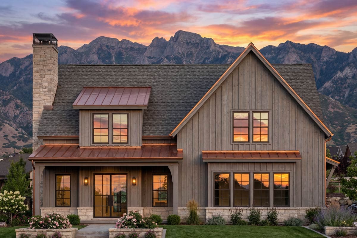 Modern farmhouse house plan exterior with stone chimney, copper roof accents, board and batten siding, and prominent gables.