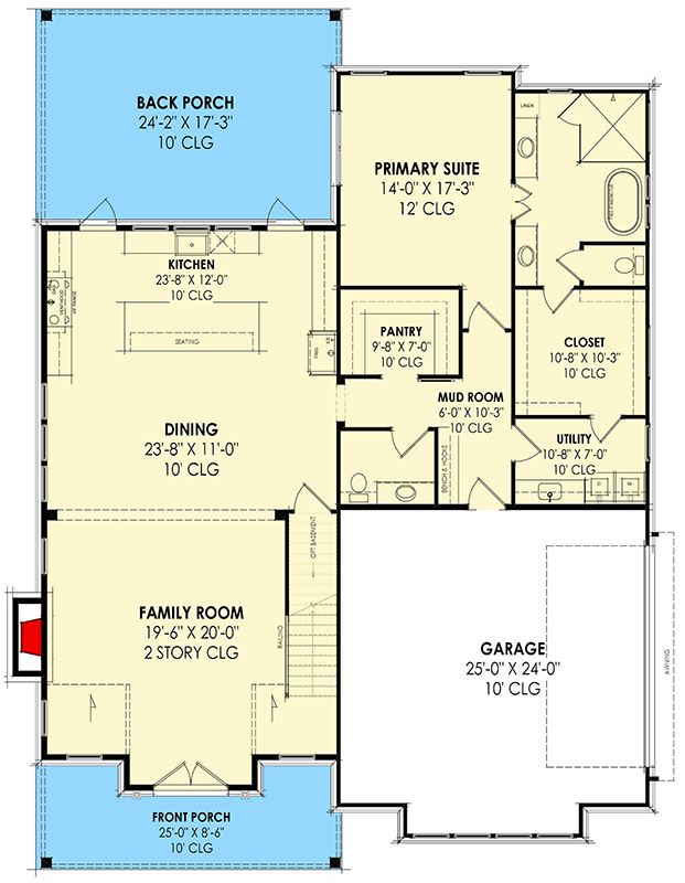 Plan 818131JSS: Modern 2-Story Country House Plan with Vaulted Family Room and Loft above - 3432 Sq Ft - Floor Plan - Main Level - Country, Modern Farmhouse, New American