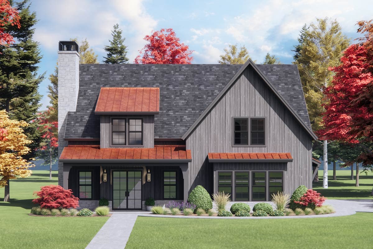 House plan exterior. Modern Farmhouse style with two stories, gabled roof, dormers, and a covered porch. Features include a stone chimney.