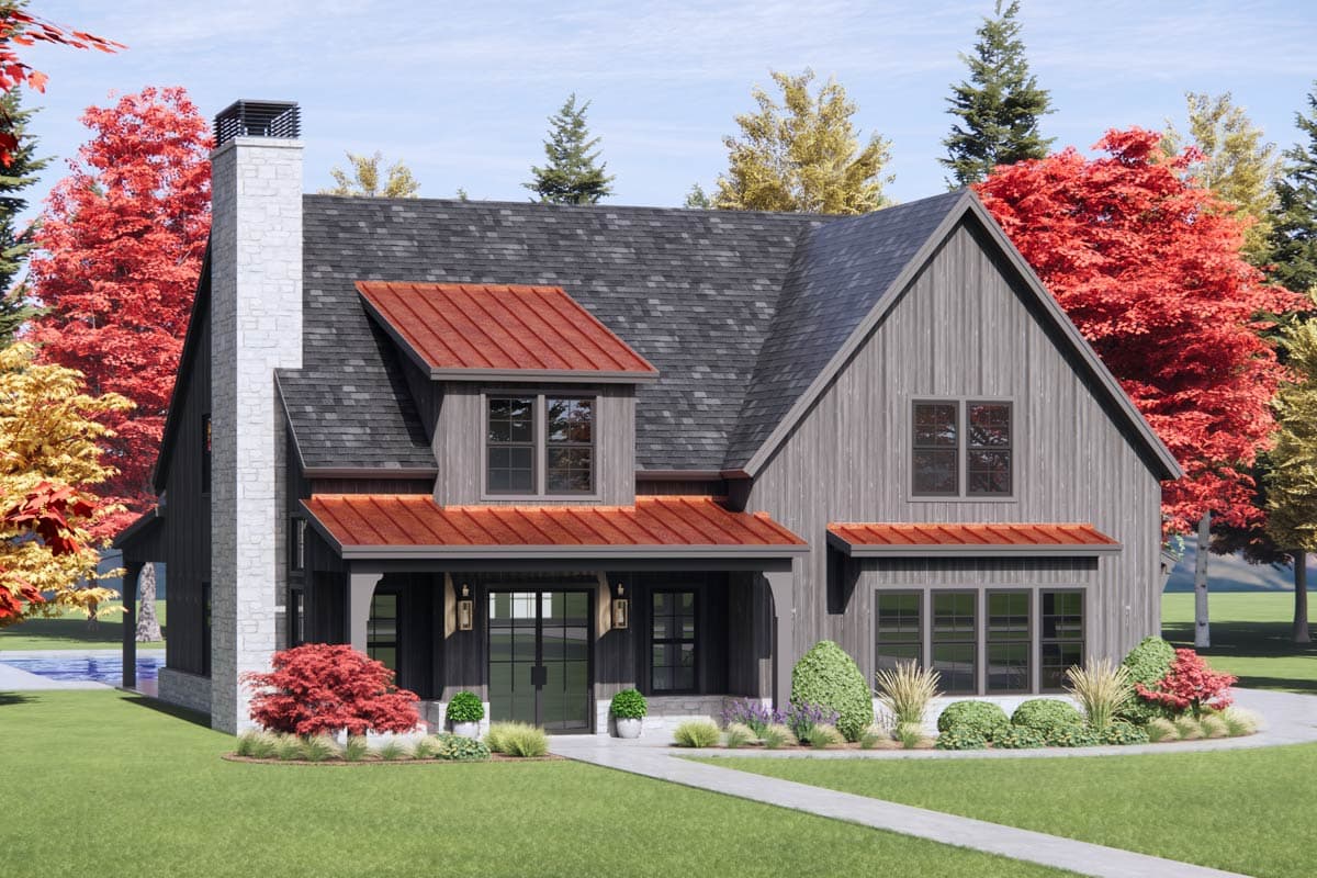 Modern Farmhouse house plan exterior with gabled roof, dormers, stone chimney, and covered porch.