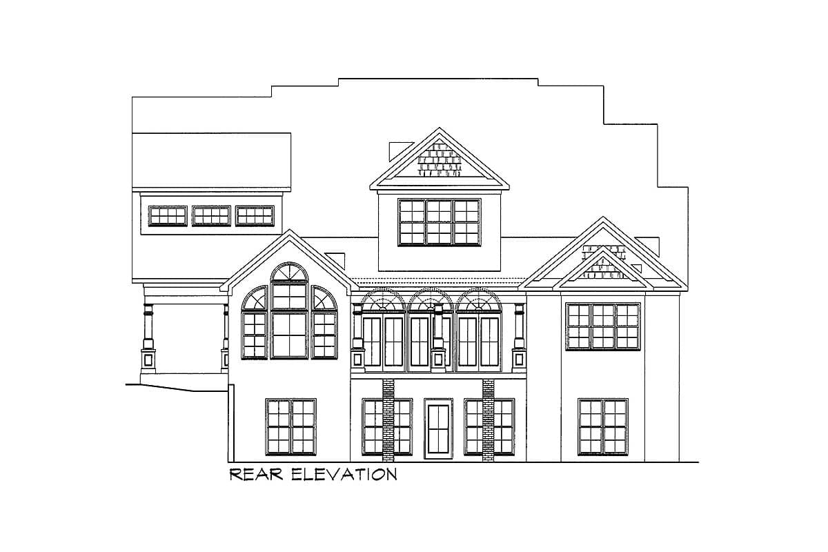 Rear elevation drawing of a multi-story house with gables, arched windows, and a covered porch.