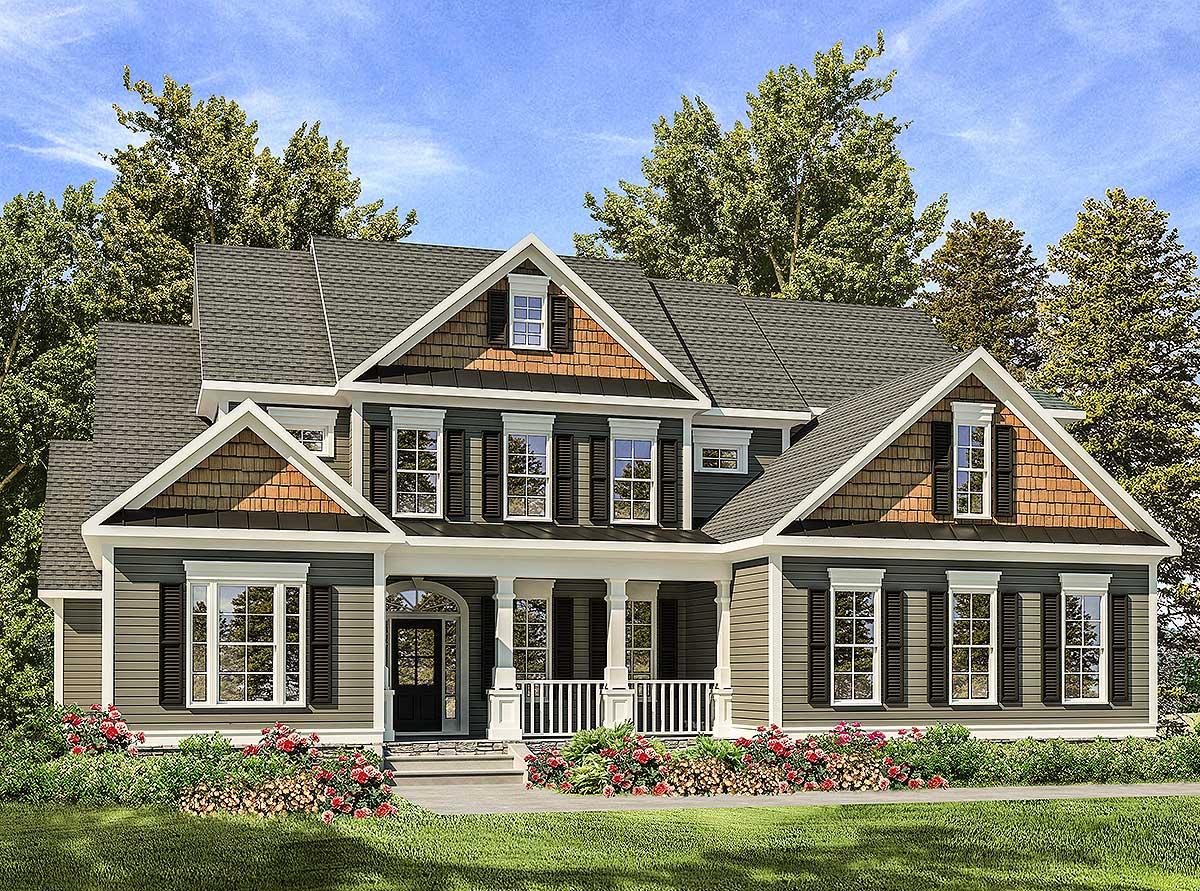 House plan exterior: Traditional two-story home with front porch, multiple gables, dormers, and shingle accents.