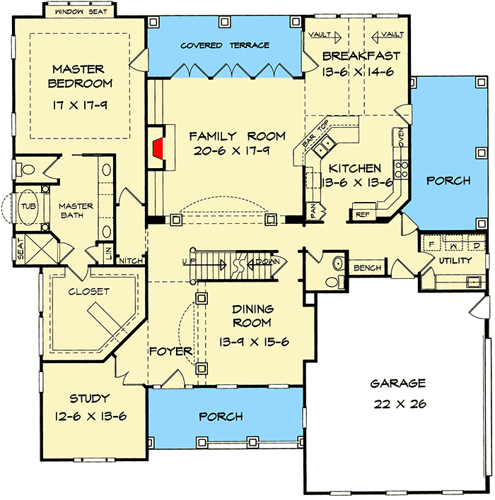 Plan 3661DK: Two-Story House Plan with Side Porch Surprise - 3558 Sq Ft - Floor Plan - Main Level - New American, Traditional