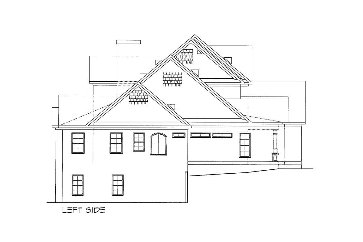 Left side elevation drawing of a house plan, showing multiple gables, dormers, and a chimney.