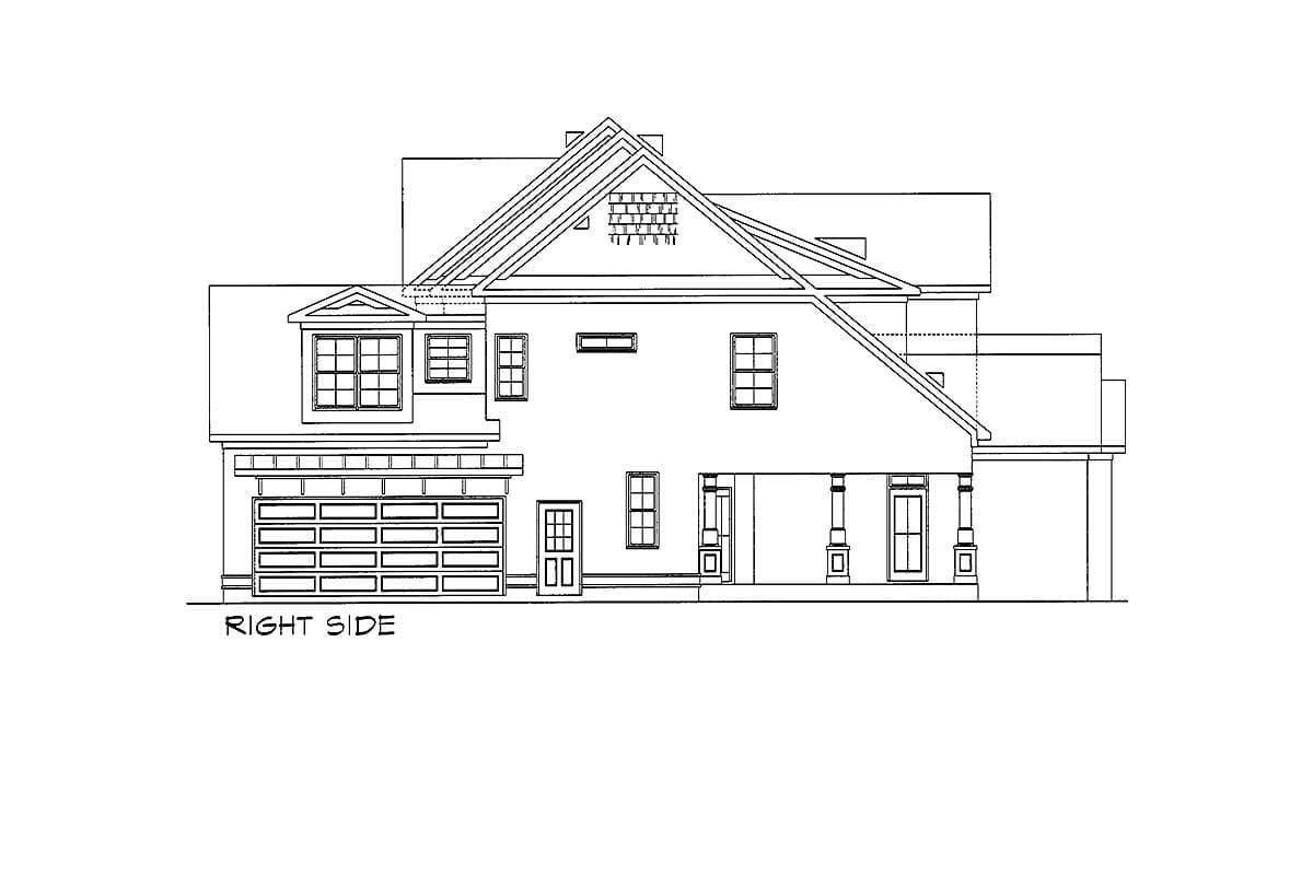 House plan right side elevation with multi-story structure, prominent gables, segmented windows, and attached garage.