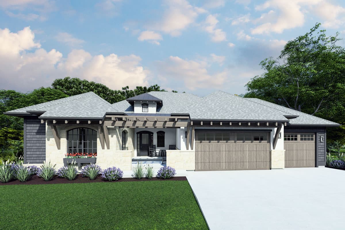 House plan exterior. One-story home with a pergola-covered entry, gable roof, and attached garage. Exterior features stone veneer and shingle siding.
