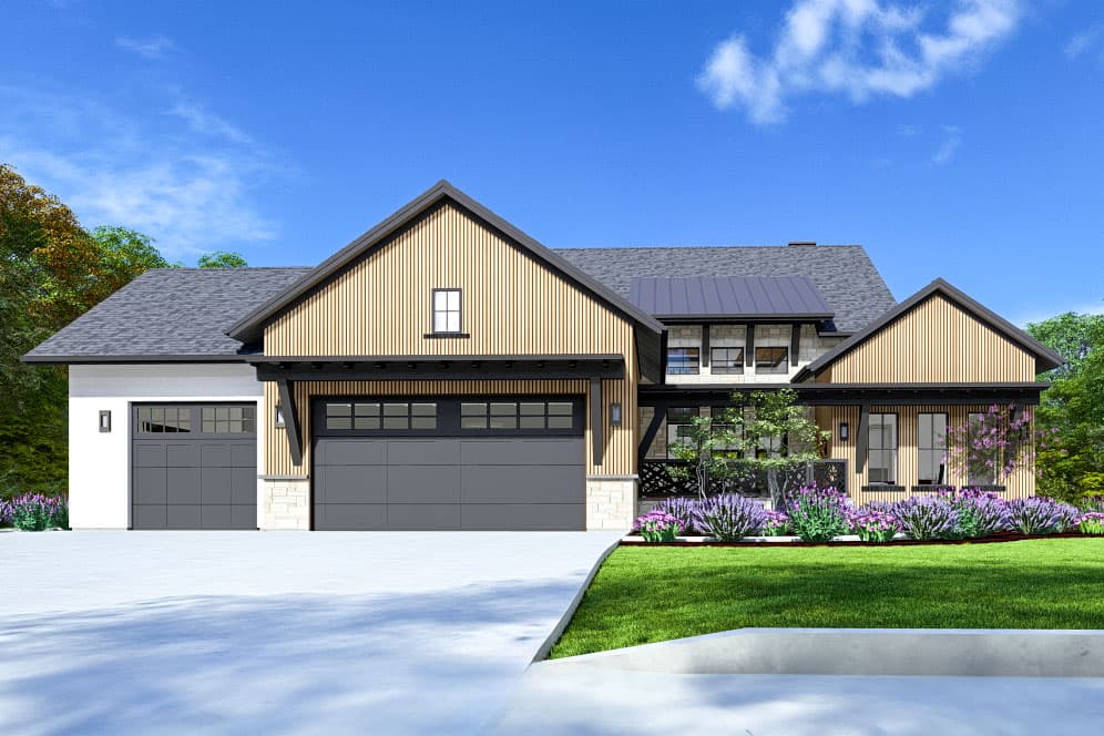 House plan exterior. Two-story Modern Farmhouse with a gabled roof, vertical siding, and a two-car garage. Porch and dormer present.