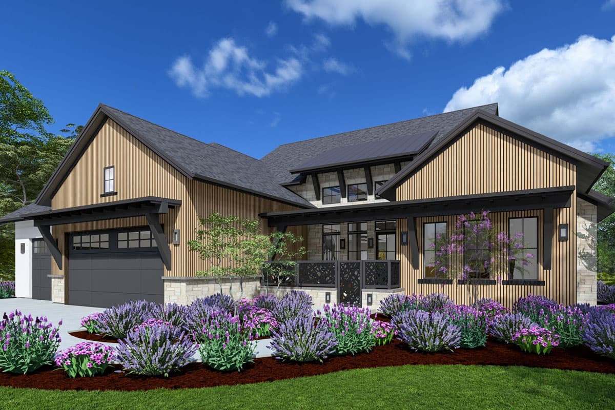 House plan exterior with vertical wood siding, stone accents, prominent gable rooflines, and a dark garage door.