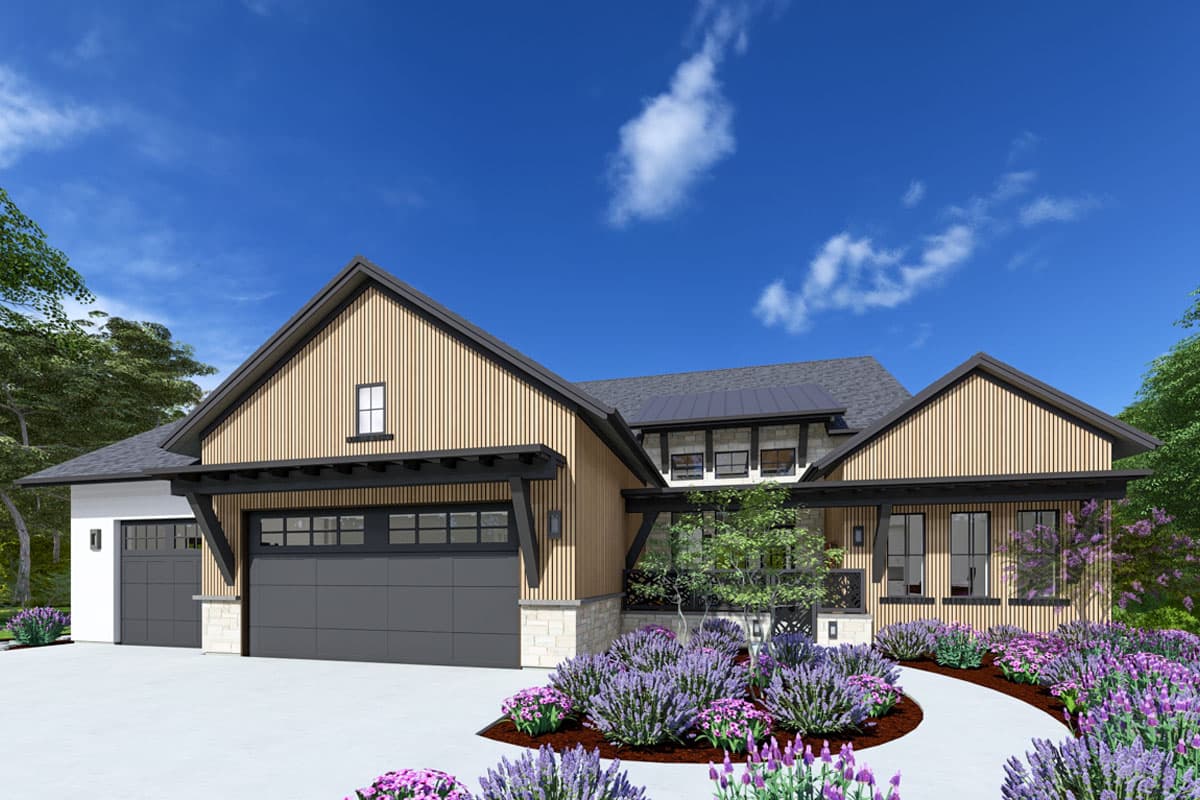 Modern Farmhouse house plan exterior with vertical siding, a prominent gable, and a detached garage.