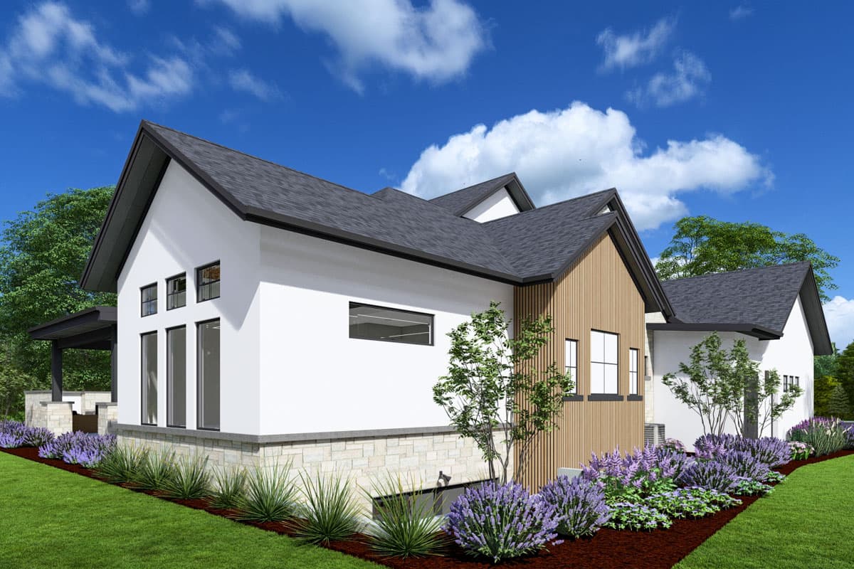 House plan exterior featuring a modern style with a white stucco facade, stone base, dark pitched roof, and wood siding.