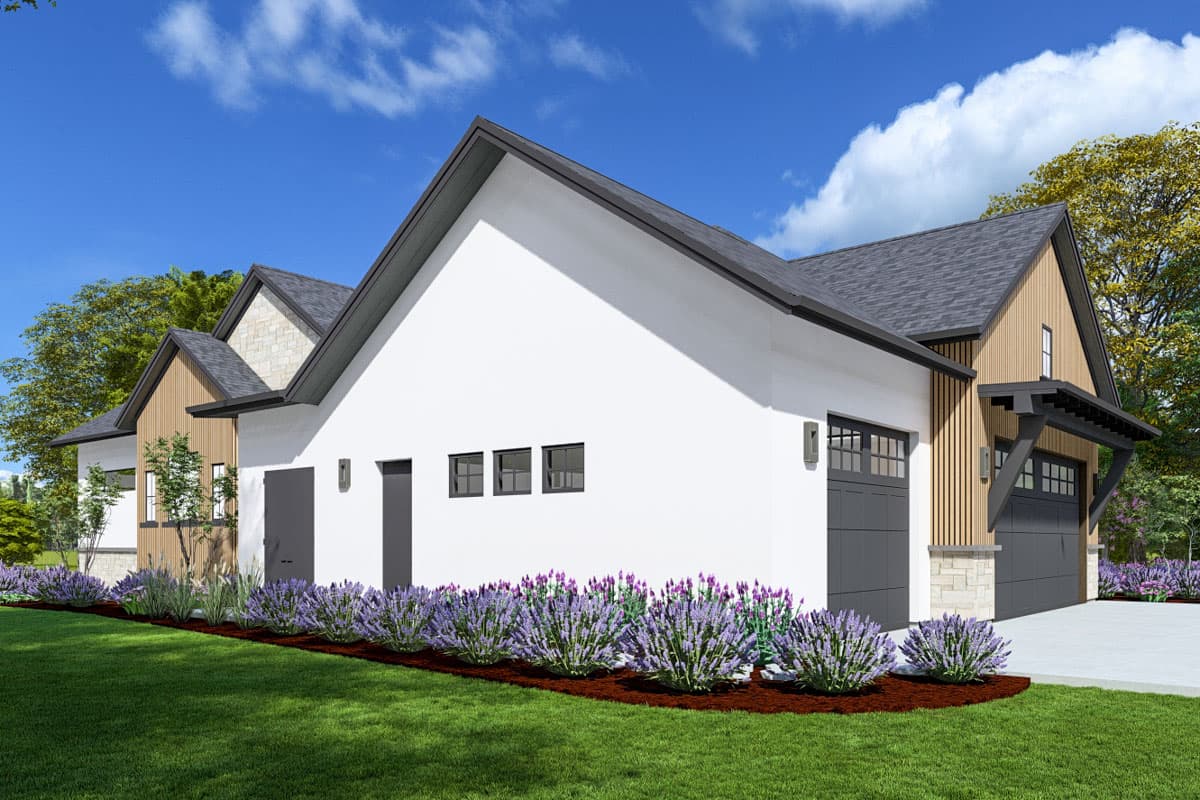 Modern house plan exterior with white stucco, wood siding, gable rooflines, and a three-car garage.