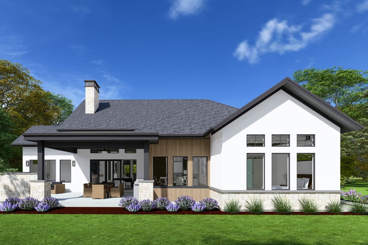 Modern house plan exterior with stucco, stone base, covered patio, large windows, and prominent chimney.