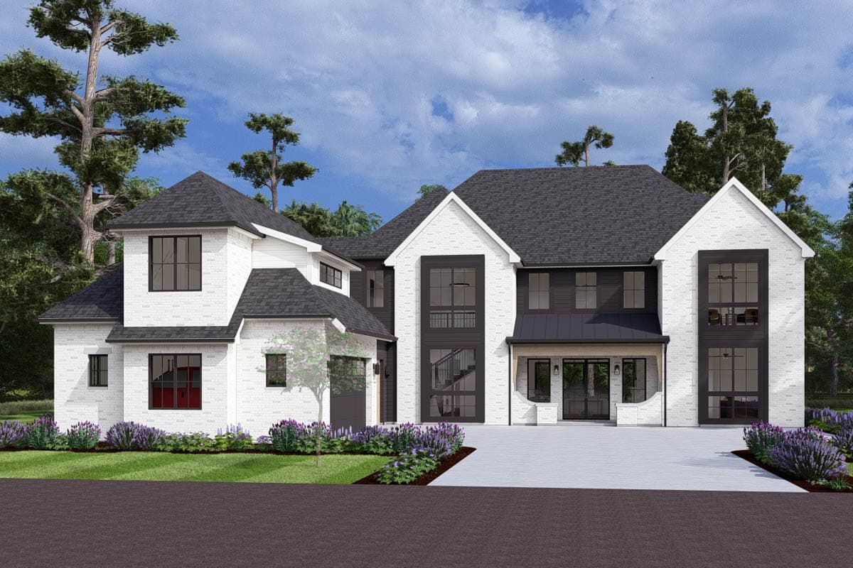 House plan exterior featuring a two-story design with brick facade, multiple gables, and a prominent entry porch with a metal roof.