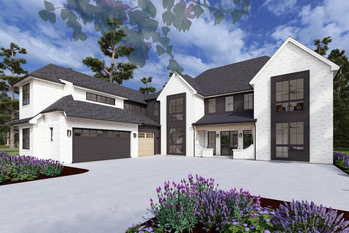 Modern two-story house plan exterior with white brick, dark siding, multiple gables, and a three-car garage.