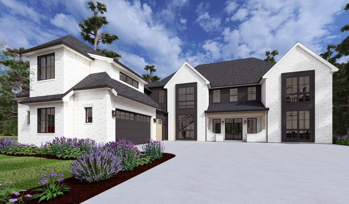 House plan exterior: Modern two-story with white brick, dark windows, gabled rooflines, and a three-car garage.