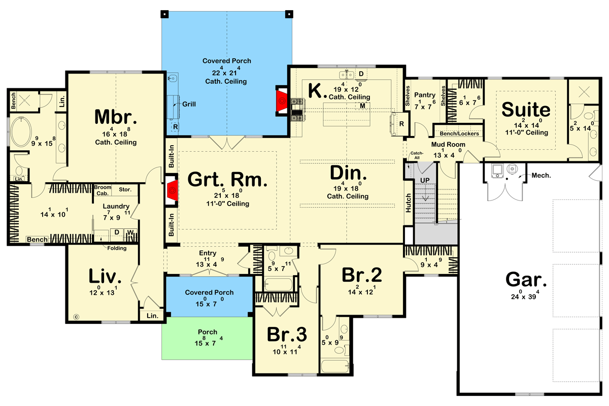 Plan 623419DJ: 4-Bed Modern Cottage House Plan with Vaulted Kitchen and Dining - 3248 Sq Ft - Floor Plan - Main Level - Cottage, Country, European, Modern Farmhouse, New American