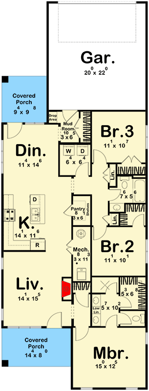 Plan 623420DJ: 3-Bed Country Farmhouse Plan Perfect for a Narrow Lot - 1483 Sq Ft - Floor Plan - Main Level - Country, Farmhouse, Traditional