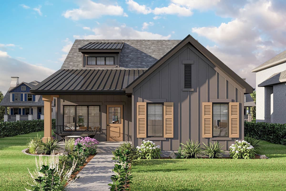 House plan exterior. Modern Farmhouse style with a single story, front porch, shed dormer, and metal roof.