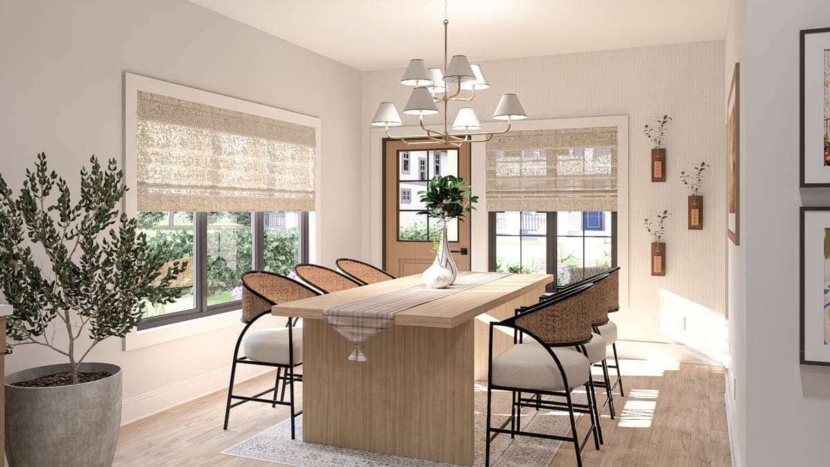 Dining room with wood table, woven chairs, large windows, and double glass door.