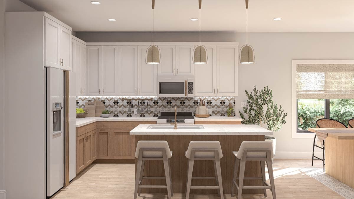 Kitchen with white cabinetry, wood island with bar seating, patterned backsplash, and stainless steel appliances.