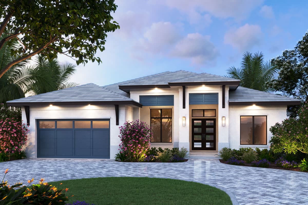 House plan exterior. One-story contemporary home with low-slope roof, accent brackets, and a two-car garage. Features include a paved driveway.