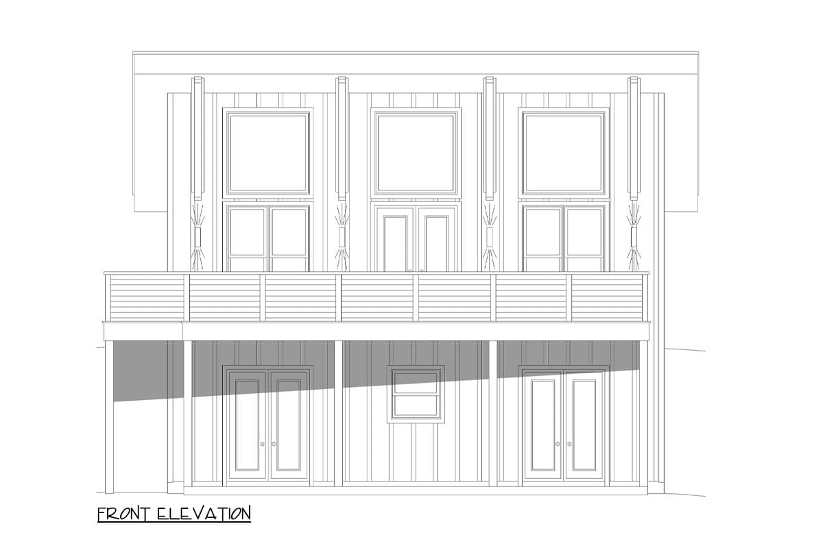 Front elevation drawing of a two-story house with a balcony, three upper windows, and two lower doors.